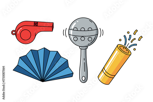Colorful set of celebration items with whistle, fan, maraca, and party popper. Colorful icons set illustrated