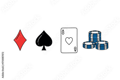 Colorful poker symbols with red diamond and spade icon. Colorful icons set illustrated
