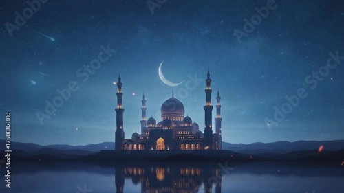 Beautiful landscape of mosque at night for Ramadan Kareem,Aidil Fitri, eid Mubarak decoration design gift background