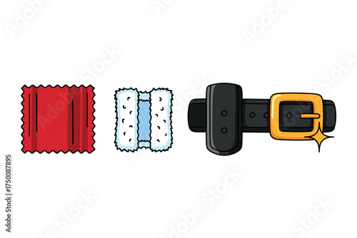 Red fabric, white fluffy rope, and black belt with gold buckle illustration. Colorful icons set illustrated