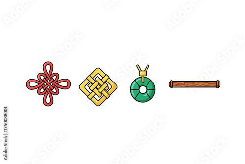 Colorful traditional lucky knots and symbols collection. Colorful icons set illustrated