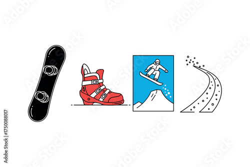 Snowboard equipment and action icons: board, boot, rider, tracks. Colorful icons set illustrated