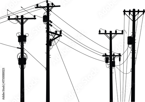 Silhouette utility poles, electrical distribution network, power lines infrastructure, transformers and insulators, urban energy grid, electricity transmission system, industrial skyline