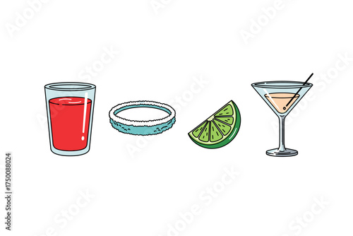 Colorful cocktail elements: red shot, salt rim, lime wedge, martini glass. Colorful icons set illustrated
