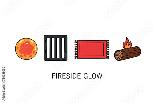 Cozy fireside ambiance with glowing ember, metal grate, red rug, and burning log. Colorful icons set illustrated