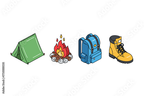 Camping essentials: tent, campfire, backpack, hiking boot illustration. Colorful icons set illustrated