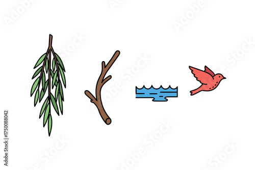 Illustration of willow branch, tree branch, river, and red bird. Colorful icons set illustrated