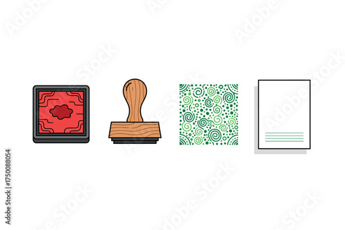 Rubber stamp process with ink pad, swirl design, and document. Colorful icons set illustrated