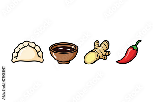 Icons of dumpling, dipping sauce, ginger, and chili pepper - asian cuisine. Colorful icons set illustrated