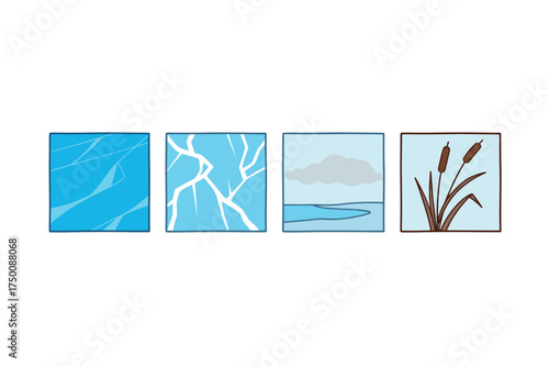 Four elements of water: ice, lightning, cloud, and reeds artwork. Colorful icons set illustrated