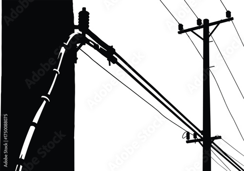 Silhouette utility poles, electricity distribution network, close up and distant view, urban energy grid, electrical infrastructure, industrial skyline, perspective contrast