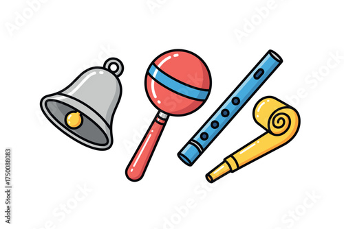 Colorful musical instruments for kids: bell, maraca, flute, party horn. Colorful icons set illustrated