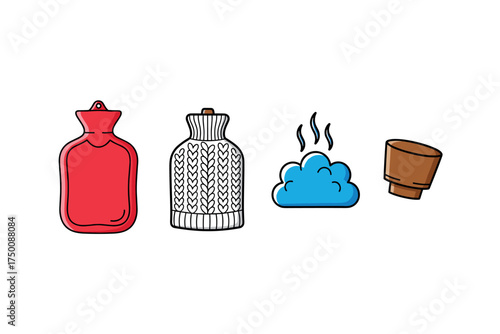Cozy winter elements: hot water bottle, knit cover, steam, coffee cup. Colorful icons set illustrated