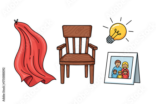 Red cape, wooden chair, light bulb, family photo illustration. Colorful icons set illustrated