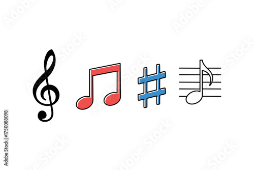 Musical symbols: treble clef, eighth note, sharp, and sixteenth note. Colorful icons set illustrated