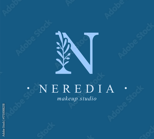 Logo, capital letter N. Monogram of Botanical Minimalistic, Initial. with Organic Plant Elements. Vector design. for tattoo studio