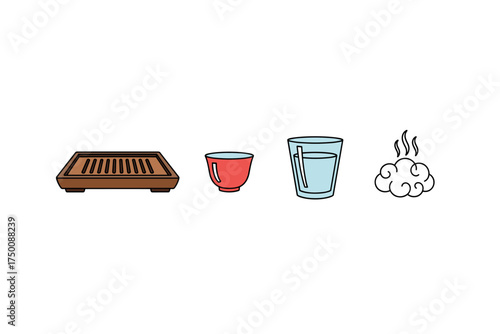 Set of minimalistic icons showing grill, red cup, glass of water, and steam cloud. Colorful icons set illustrated