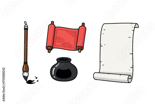 Traditional asian calligraphy set with brush, ink pot, red scroll, and blank scroll. Colorful icons set illustrated