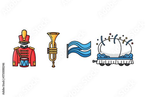 Colorful parade icons featuring drummer, trumpet, flag, and float. Colorful icons set illustrated