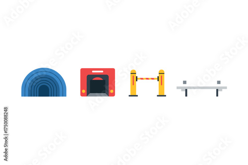 Minimalist transportation icons: tunnel, train, barrier, and platform. Colorful icons set illustrated