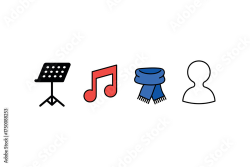 Music stand, note, scarf, and silhouette icons. Colorful icons set illustrated