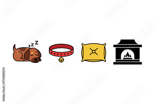 Cozy dog sleep with collar, pillow, and fireplace icons. Colorful icons set illustrated