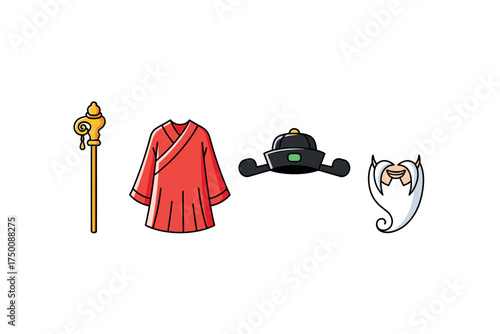 Traditional east asian symbols with clothing, staff, hat, and mask. Colorful icons set illustrated