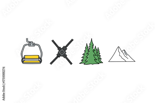 Ski resort symbols: chairlift, snowflakes, pine trees, and mountain illustration. Colorful icons set illustrated