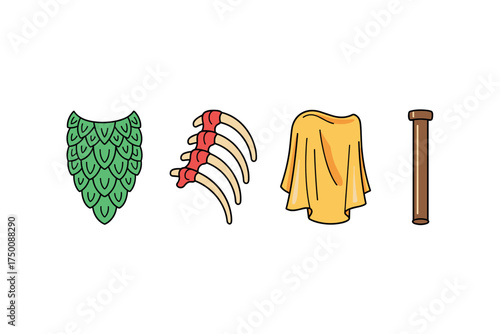 Cartoon medieval icon set: armor, ribs, cloth, pole. Colorful icons set illustrated