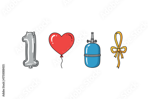 Balloon heart and diving tank with ribbon - celebration symbols set. Colorful icons set illustrated