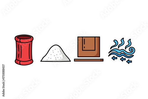 Ceramic vase and natural elements: sand, wood, and wind symbols in minimalist design. Colorful icons set illustrated