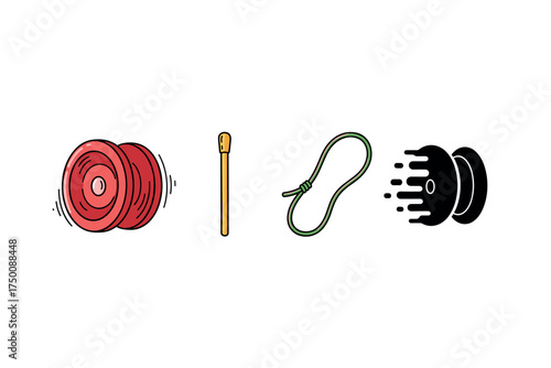 Illustration of toy yo-yos, paddle, jump rope, and bowling ball in minimalist style. Colorful icons set illustrated