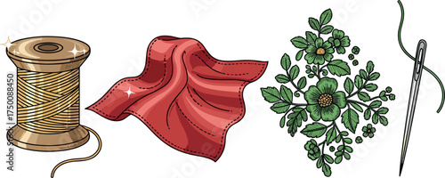 Needlework elements: thread, fabric piece, floral embroidery, needle. Colorful icons set illustrated