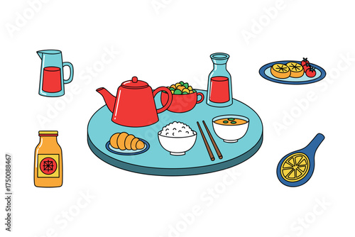 Traditional asian breakfast spread with tea, rice, and fresh juice. Colorful icons set illustrated