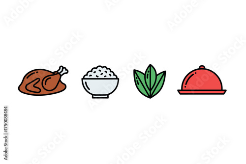 Illustrated icons of cooked chicken, rice bowl, leaves, and red serving dish. Colorful icons set illustrated