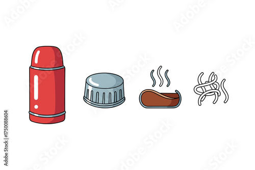 Red thermos with lid and steaming noodles illustration. Colorful icons set illustrated