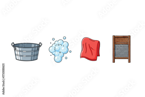 Vintage laundry tools: metal bucket, soap bubbles, red cloth, wooden washboard. Colorful icons set illustrated