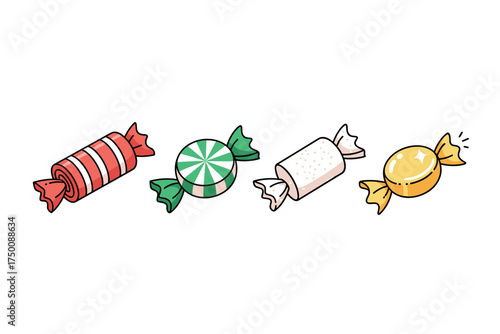 Colorful assorted wrapped candies. Colorful icons set illustrated