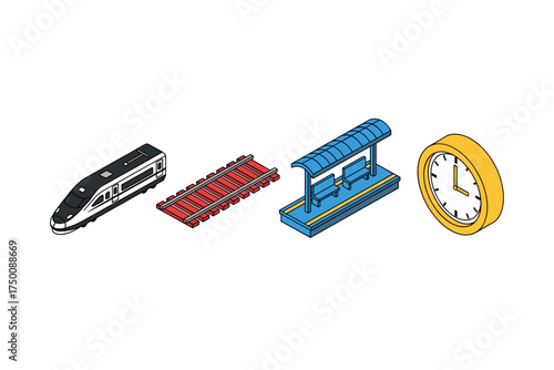 Isometric train station illustration with train, tracks, platform, and clock. Colorful icons set illustrated