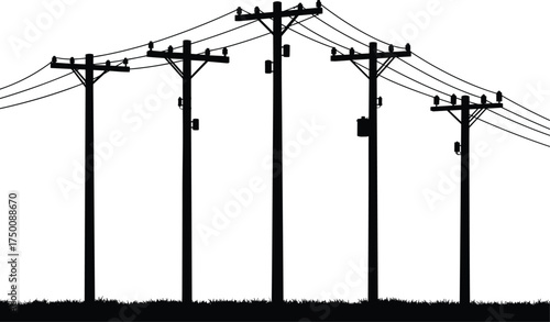 Silhouette utility poles, electricity distribution network, power line infrastructure, transformers and insulators, grassy landscape, urban energy grid, electrical system, industrial skyline