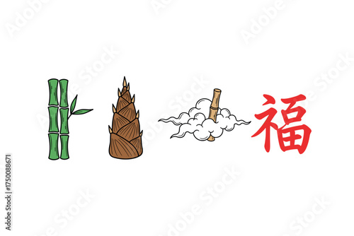 Bamboo, bamboo shoot, incense smoke, and red chinese character for fortune illustration. Colorful icons set illustrated