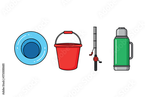 Colorful camping set with plate, bucket, fishing rod, and thermos. Colorful icons set illustrated