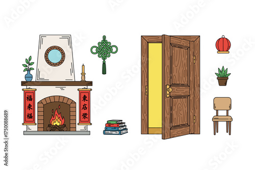 Cozy living room with fireplace and open wooden door featuring chinese decor. Colorful icons set illustrated