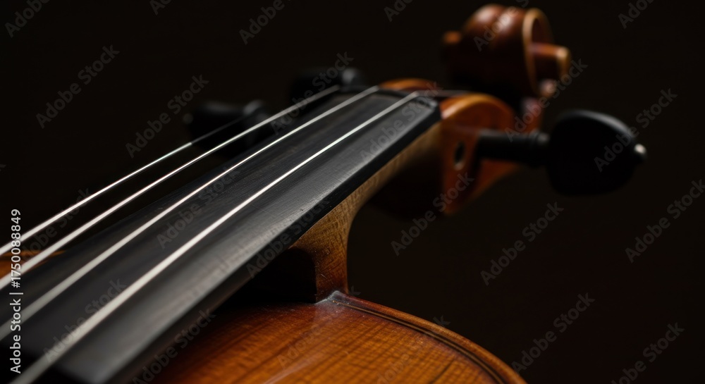 Fototapeta premium Violin close up details of strings bridge and scroll on dark background musical instrument