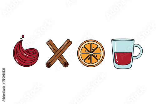 Illustrated mulled wine ingredients: cinnamon sticks, orange slice, red wine icon. Colorful icons set illustrated