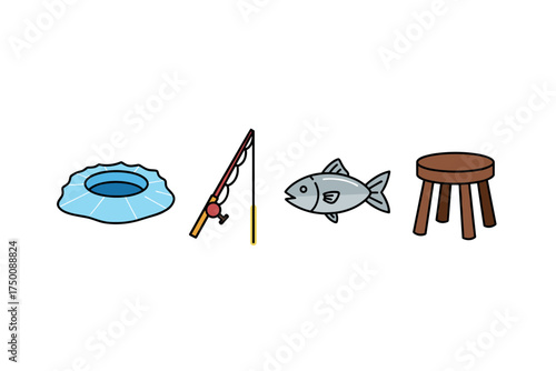 Ice fishing scene with hole, fishing rod, fish, and stool. Colorful icons set illustrated