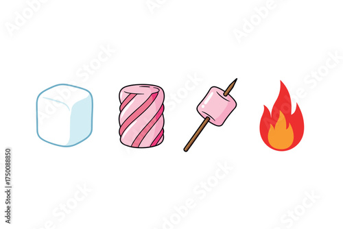 Ice cube to roasting marshmallow transformation with fire illustration. Colorful icons set illustrated