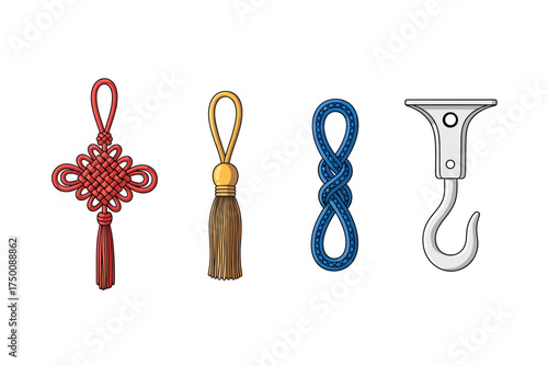 Colorful knots and hooks: red, gold, blue, silver decorative elements. Colorful icons set illustrated