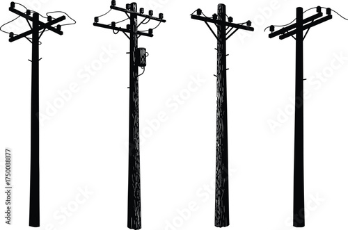 Silhouette utility poles, electricity distribution network, power line infrastructure, transformers and insulators, urban energy grid, electrical system, industrial skyline, comparative designs