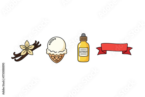 Vanilla flavor set: vanilla bean, ice cream cone, extract bottle, red ribbon. Colorful icons set illustrated